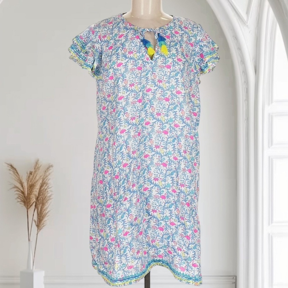 Vineyard Vines Floral Flamingos 100% Linen Dress‎ Womens S Coastal Preppy